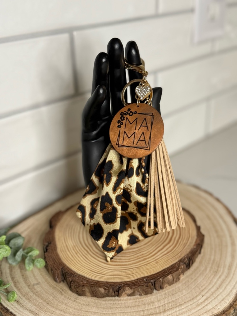 Keychain- Mama Leather & Leopard Tassel Gold Accent - Handmade/ Assembled by me